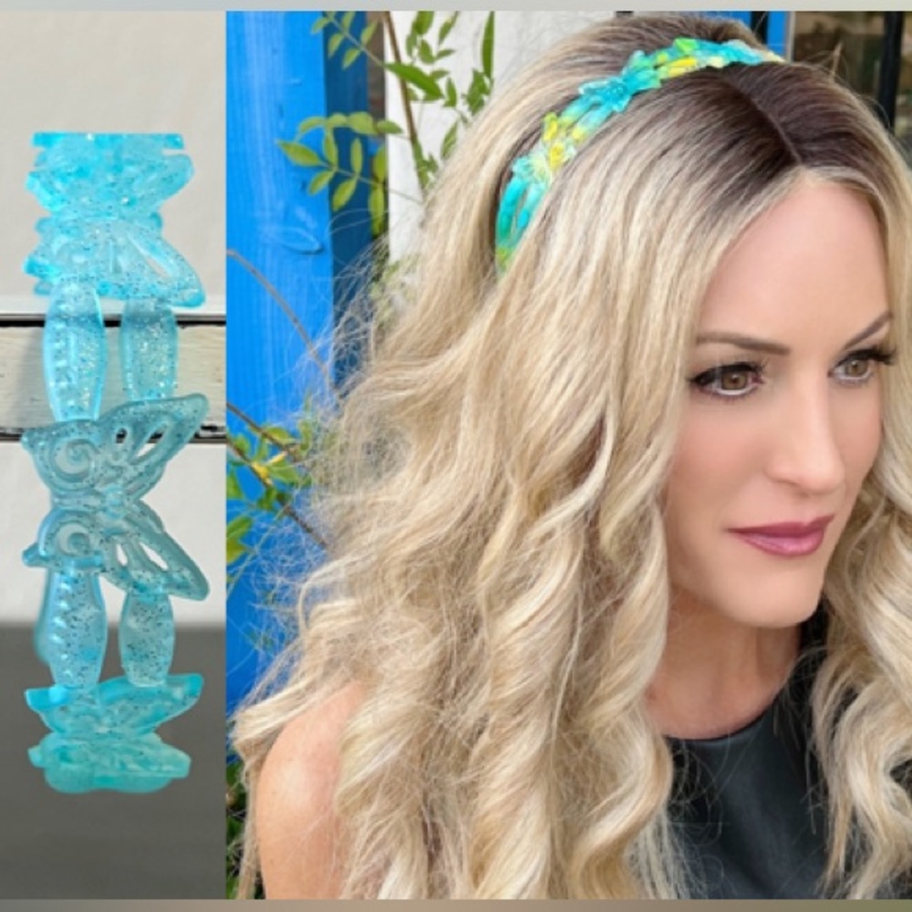 Light Blue Turquoise & Silver Glittery Sparkly Butterfly 1" Plastic Headband